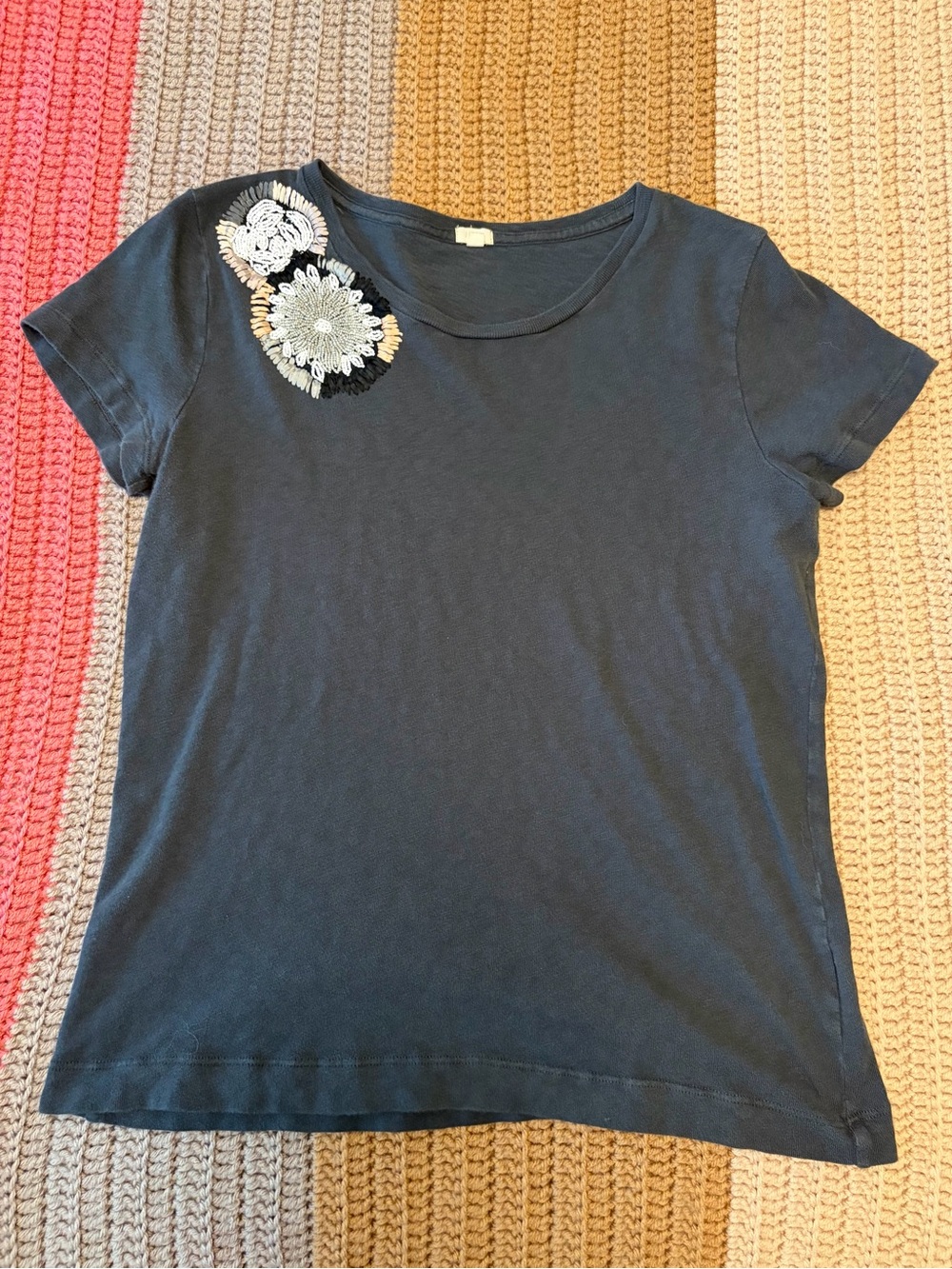 J. Crew Factory Beaded Embellished Dark Gray Short-Sleeve Tee 100% Cotton